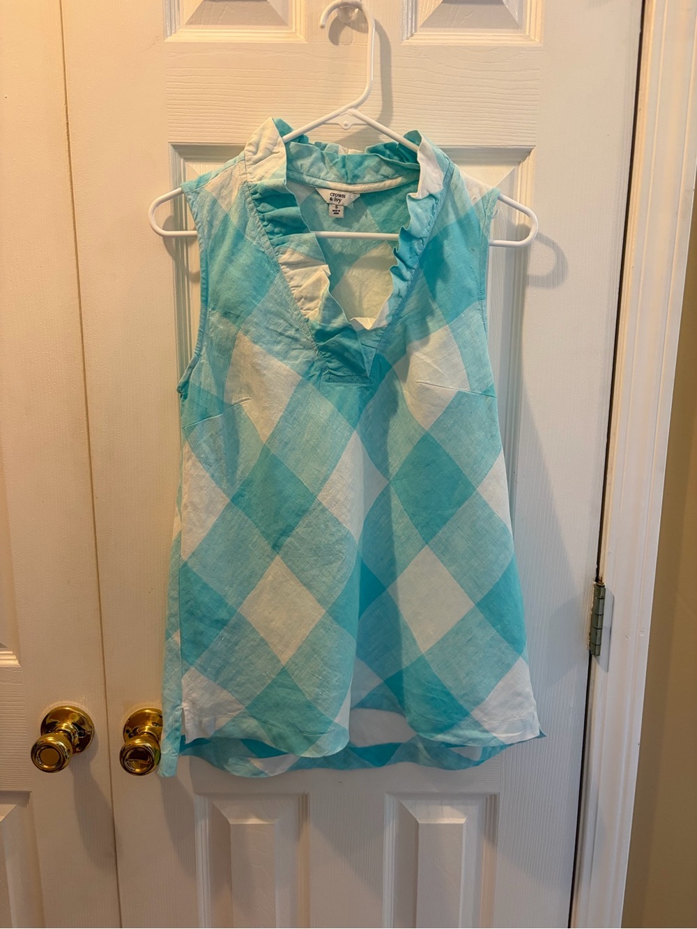 crown & ivy Aqua and White Gingham Ruffle Blouse